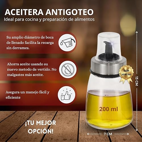CAVECA Huilier en verre anti-goutte pour cuisine 200 ml avec nouveau versement + cadeau, huilier traditionnel en verre 100 % recyclé et fabriqué en Espagne, distributeur d'huile de cuisine, bouteille - Nail Gallerys