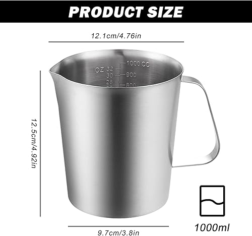 Sporgo Pot à lait en acier inoxydable de 1000 ml, doseur avec mesure graduée, moderne, argenté - Nail Gallerys