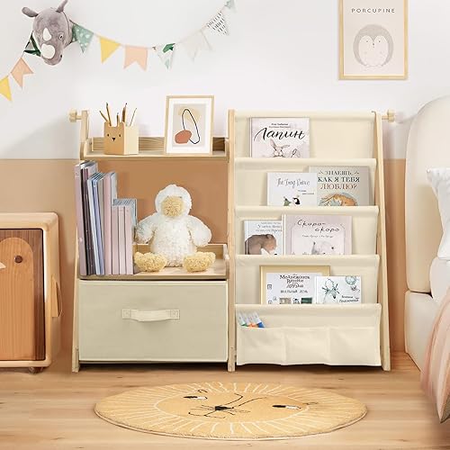 wooshwa Bibliotheque Enfant Meuble Rangement Livre Enfant avec 4 Niveaux, 2 Étagères de Présentation et 1 boîte de Rangement, Solide Bois pour Livres et Jouet Chambre Enfant - Dinosaure - Nail Gallerys