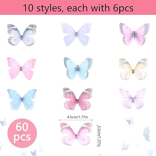 Lot de 60 papillons 3D en organza - En mousseline de soie translucide - Papillons décoratifs pour bricolage, scrapbooking, bagages, mur et fenêtre - Nail Gallerys