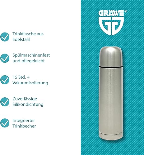 GRÄWE bouteille thermos, bouteille d'eau en acier inoxydable 1l, thermos, bouteille isolante pour les voyages avec gobelet, anti-fuite, lavable au lave-vaisselle, bleu - Nail Gallerys