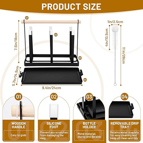BBWELL Porte-Bouteilles 6 Places​​ – egouttoir Bouteille avec poignée en Bois & Brosse de Nettoyage,incluant ​​bac gouttoir Noir Amovible,​​Porte-Tasses​​ pour Bouteilles/Tasses/Mugs à café - Nail Gallerys