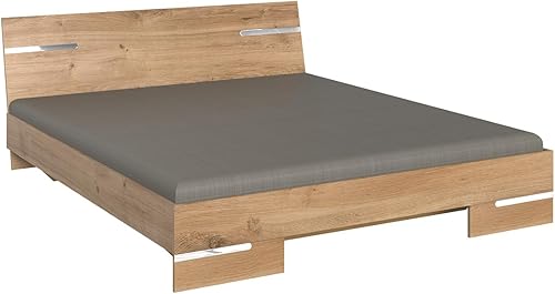 PEGANE Chambre à Coucher complète Adulte (lit 160x200 cm + 2 chevets + Armoire), Coloris Imitation chêne Poutre/Chrome Brillant - Nail Gallerys