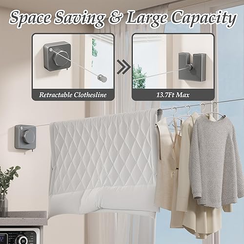 Séchoir Extensible INOX 4,2m - Anti-Affaissement & Auto-Rétractable - Support 20kg - Installation Murale (Salle de Bain/Balcon/Buanderie) -Blanc - Nail Gallerys