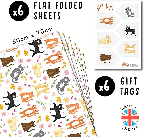 Papier cadeau chat – Chats et fleurs – 6 feuilles de papier cadeau blanc – Joli papier cadeau anniversaire pour les amoureux des chats – Livré avec des autocollants – Par Central 23 - Nail Gallerys