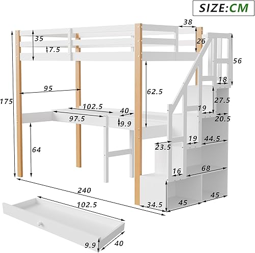 Mutuolux Lit superposé avec Bureau et Rangements, 90 x 200 cm, Multifonctionnel Lit Mezzanine avec Escalier Intégré et Tiroir Coulissant (sans Matelas),Blanc - Nail Gallerys