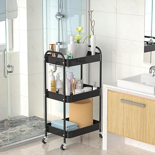 PNVXNUS Chariot de rangement à roulettes en métal à 3 niveaux avec roulettes, organiseur multifonction pour bureau, cuisine, salle de bain, livres, couches – Assemblage facile (noir) - Nail Gallerys