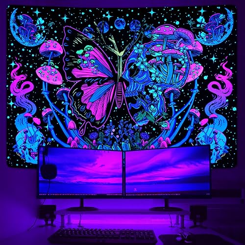 Yrendenge Tapisserie murale fluorescente - Motif papillon et champignon - Décoration murale en polyester - Décoration murale esthétique - 210 x 150 cm - Nail Gallerys