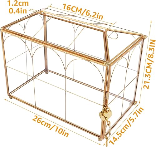 LOLYSIC Boîte à cartes en verre avec fente et serrure pour mariage, réception de fête, souvenir, don, terrarium en verre géométrique décoratif, boîte cadeau, 26 x 14,5 x 21,3 cm, doré - Nail Gallerys