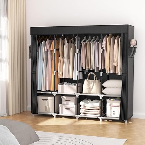Armoire de Rangement, Penderie Portable - 170 cm de large - Grande capacité - Avec couvercle,4 étagères de rangement et 4 barres de suspension-Armoire en tissu autonome robuste pour chambre à coucher - Nail Gallerys