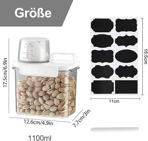 Lot de 3 distributeurs de lessive hermétiques de 1100 ml avec verre doseur et 8 autocollants, 1 marqueur, récipient multifonction pour poudre à laver, détergent, céréales, riz - Nail Gallerys