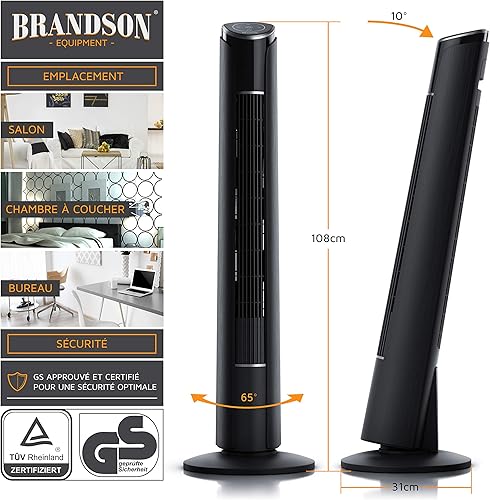 Brandson - Ventilateur Colonne avec télécommande 45W Silencieux Oscillant inclinable à 10°, Hauteur 108cm, 3 Vitesses, 4 Modes, Minuterie 12h, Oscillation 65°, Ecran LED, flux d'air puissant, Noir - Nail Gallerys