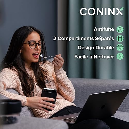 Coninx Bol Muesli Emporter Pot, Yaourt Compartiment Double Antifuite, Qui Garde Les Aliments Séparés et Frais, Polyvalent Facile à Nettoyer (Noir) - Nail Gallerys