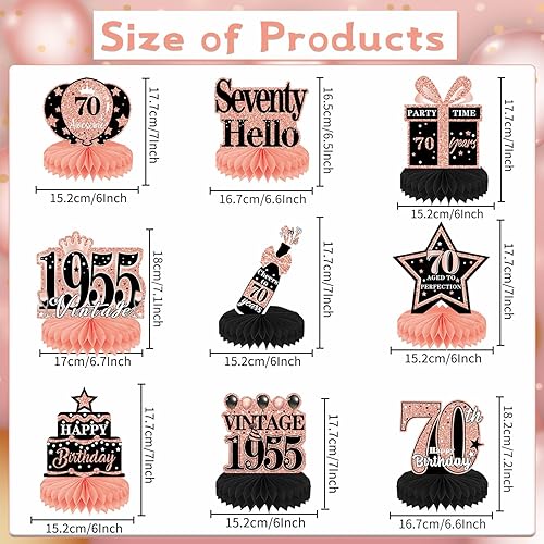 Luvart Décorations de table pour 70e anniversaire pour femme – Décorations de table en or rose pour 70e anniversaire – Décorations vintage en nid d'abeille pour centre de table de 1955 – Fournitures - Nail Gallerys