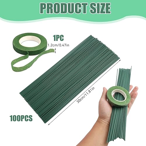 100 Pièces Tiges en Fil de Fer Vert pour Fleuriste 2mm et Ruban Adhésif Floral Vert, Fil de Fleurs 30 CM, des fils de Tiges Florales pour Arrangements Floraux, Artisanat, Décoration de Mariage - Nail Gallerys