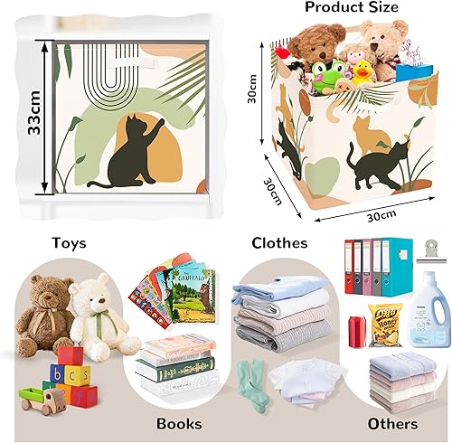 Clastyle Boîtes de Rangement Lot de 3 Boho Abstrait Paniers de Rangement Cube Milieu Du Siècle Adulte Enfant Pliables Coffre à Jouets Femmes Filles pour Étagères Livres,Feuilles Chat,30x30x30 cm - Nail Gallerys