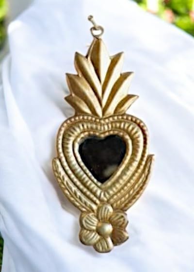 Générique Ex-voto Mural Décoratif en Métal avec Miroir Coeur, Flamme et Fleur, 17 x 7,5 cm, Doré Hand Made - Nail Gallerys
