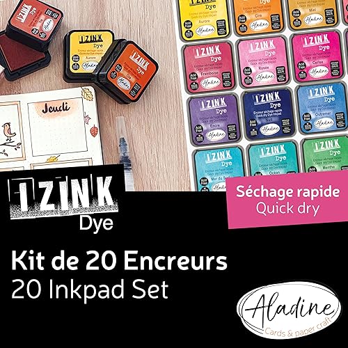 Aladine - Kit 20 Encreurs Izink Dye - Pour Scrapbooking, Carterie, Pochoirs, Loisirs Créatifs - Séchage Rapide - Encres Multicolores pour Tampons - 3 x 3 cm - Rose, Bleu, Vert, Jaune - 19703 - Nail Gallerys