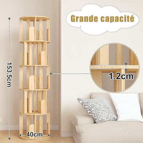 YGYQZ Bibliothèque rotative à 5 niveaux en bois avec affichage à 360° pour enfants et adultes, étagère de rangement pour chambre à coucher, salon, salle d'étude - Nail Gallerys