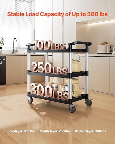 VEVOR Chariot de Service, 1060x490x980 mm, Desserte à roulettes Utilitaire en Plastique à 3 Niveaux, avec Roues Pivotantes 360° (2 avec Freins), pour Entrepôt, Bureau, Maison, Restaurant, Cuisine - Nail Gallerys