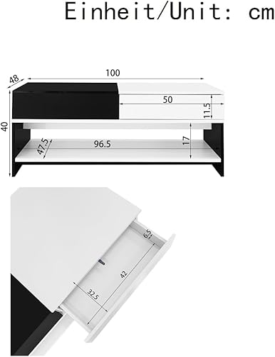 Table Basse Moderne avec 2 tiroirs, Espace de Rangement, Plateau Brillant, Meuble Salon, Design Noir et Blanc, Longueur 100 cm - Nail Gallerys