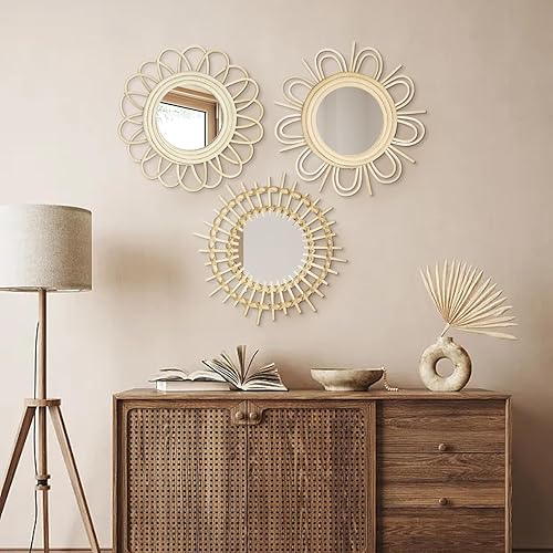 Oairse Lot de 3 miroirs muraux Soleil - Décoration bohème moderne - Avec crochets en métal - Décoration murale - Style bohème - Décoration murale - Pour salle de bain, entrée, salon, chambre à coucher - Nail Gallerys
