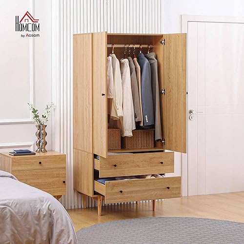 HOMCOM Armoire Chambre Adulte Penderie Vêtement Dressing avec 2 Portes, 2 tiroirs - 80 x 52 x 180 cm - Aspect Bois - Nail Gallerys