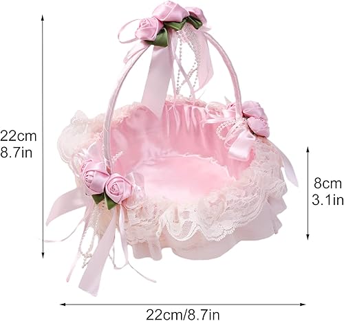 2 Pièces Panier de Fille de Fleur en Dentelle Rose, Panier de Pétale de Mariage, Panier de Fille de Fleur avec Poignée, Panier Cadeau de Mariage, Panier de Fleurs à Main pour la Décoration(Rose) - Nail Gallerys