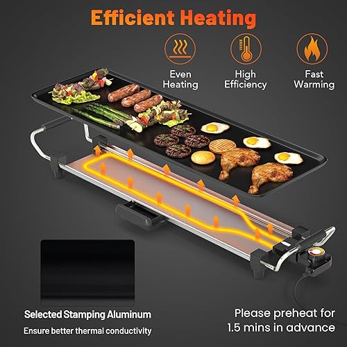 SOARS Plancha Électrique XXL 1800W, Barbecue Électrique avec Thermostat Intégré, Revêtement Antiadhésif, 4 Températures Réglables, pour 10-12 Personnes (Surface Plate+Nervurée 100 X 22 CM) - Nail Gallerys