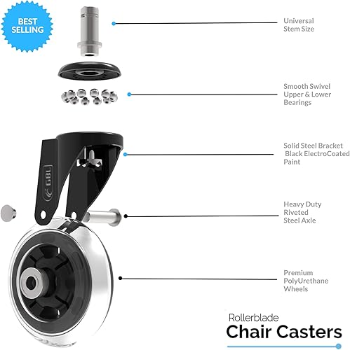 GBL - Lot de 5 Roulettes pour Chaise de Bureau - Roulette Pivotante avec Roue Protège Parquet en Caoutchouc - ne Marque pas les Sols -avec Roulement Silencieux - Nail Gallerys