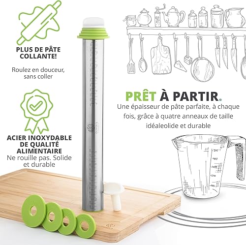 Oliver's Kitchen's ® Rouleau à Pâtisserie - L'Ustensile de Cuisine par Excellence Équipé de Quatre Anneaux Réglables pour une Épaisseur Parfaite - Antiadhésif et Nettoyage Rapide - Nail Gallerys