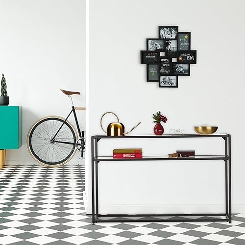 relaxdays Table de Console, 2 Surfaces, Meuble d’appoint étroit, Couloir & Salon, métal, Verre, HLP 70x110x30 cm, Noir, Acier, 1 élément - Nail Gallerys