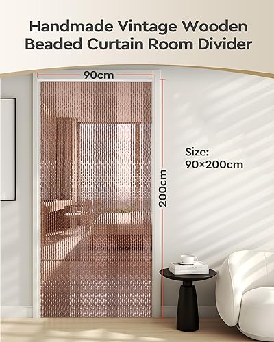 FoundGo Rideau de perles en bois - 90 x 200 cm - 90 brins - Fait à la main - Agit comme moustiquaire - Pour chambre, balcon, porte - Nail Gallerys