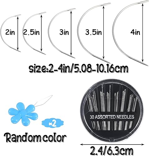 Kit de 62 aiguilles à coudre robustes, 30 aiguilles à coudre assorties dans une boîte noire, 30 aiguilles à coudre incurvées pour couture à la main (5 tailles) avec 2 enfile-aiguilles pour la - Nail Gallerys