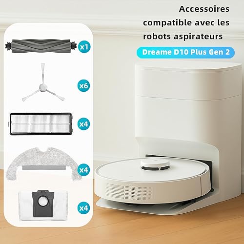 JINDEHUI Kit Accessoires pour Dreame D10 Plus Gen 2 ‎Robots aspirateurs RLD32GD,1 Brosses Principales, 6 brosses latérales, 4 filtres,4 Serpillière,4 sacs d'aspirateur - Nail Gallerys