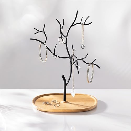 Navaris Arbre Présentoir à Bijoux - Porte-Bijoux Design Range Collier Bracelet Bague Boucle d'oreille - Support Arbre en Métal avec Socle Bambou - Nail Gallerys
