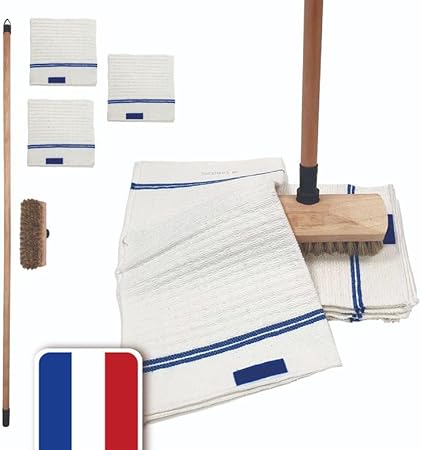 LNT France - Balai Brosse en Bois + 3 Serpillères autofixe 50x50cm, Fabriquées en France, très résitants. Manche de 130 cm. - Nail Gallerys