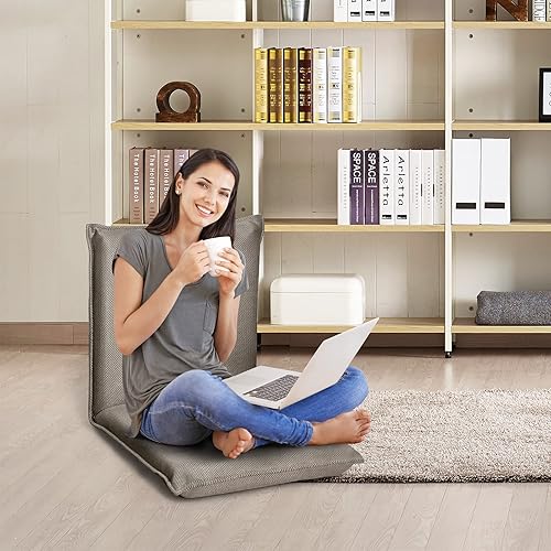 GOPLUS Chaise de Sol Pliante avec 6 Positions Réglables, Fauteuil Convertible Paresseux Inclinable Rembourré d’Éponge, Chaise de Plancher pour Maison, Bureau, 98×44×7CM (Gris) - Nail Gallerys