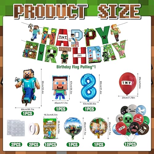 Fizdoqg Miner Gamer Kit de décoration d'anniversaire pour garçon de 8 ans avec bannière de ballons en aluminium et sacs cadeaux pour anniversaire d'enfant - Nail Gallerys