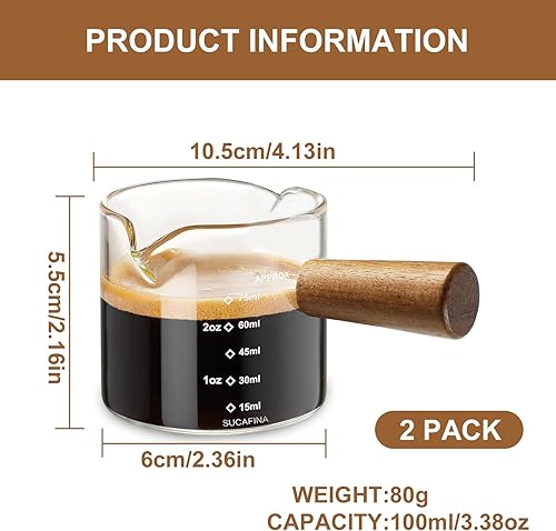 2 Tasses à Expresso avec Poignée en Bois - Tasses à Café avec Bec Verseur Double et Double Échelle, 100 ml, Matériau en Verre Borosilicaté Haute Teneur en Bore, Bec en V, Idéal pour Café, Lait et Plus - Nail Gallerys
