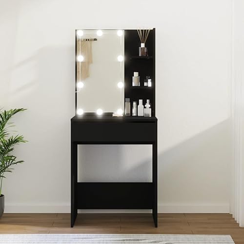vidaXL Coiffeuse avec LED, Table de Maquillage avec Étagères et Tiroir, Table Cosmétique avec Rangement, Organisateur de Chambre, Moderne, Noir - Nail Gallerys