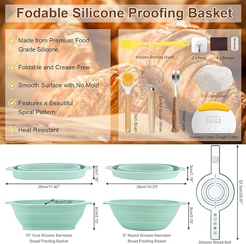 Bestdin Silicone Banneton Pour Pain, Ensemble de Paniers Kit Set de 12, Banneton Pour Pain Ovale 24 cm & Rond 22 cm, Pliables Corbeille à Pain+Lame à Pain+Fouet danois, Raclettes, Tapis de Cuisson - Nail Gallerys