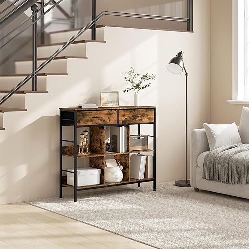 WOLTU Bibliothèque avec 2 tiroirs, 6 compartiments ouverts, étagère sur pied avec cadre en métal, étagère de rangement autoportante pour salon, bureau, chambre à coucher, marron rustique noir - Nail Gallerys