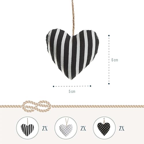 Cœurs à Suspendre en Tissu, Lot de 6: Suspension décorative cœur pour Mariage, été, baptême, décoration à Suspendre pour Branches, Noir & Blanc, avec Ficelle, 5 x 6 cm - Nail Gallerys