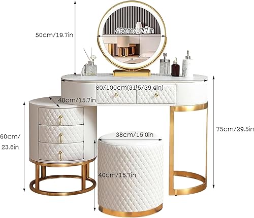 Coiffeuse Moderne avec Miroir LED, 3 LuminositéS RéGlable, Table De Maquillage avec Tabouret, Coiffeuse Moderne avec Tiroirs, 1 Armoire, Assemblage Flexible, Meuble Chambre - Nail Gallerys