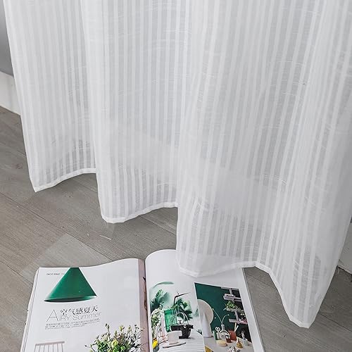 GIRASOLE HOME Paire de rideaux blancs semi-transparents à rayures haut gamme avec broderie florale, mélange lin, style shabby chic, pour chambre coucher, 2 panneaux œillets (gris, 140 x 280 cm) - Nail Gallerys