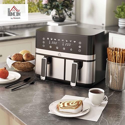 HOMCOM Friteuse à air sans huile dual zone air fryer 8,5 L - 2700 W - 8 programmes, écran LED tactile, température réglable, minuterie, 2 paniers antiadhésif, finition de synchronisation, recette - Nail Gallerys