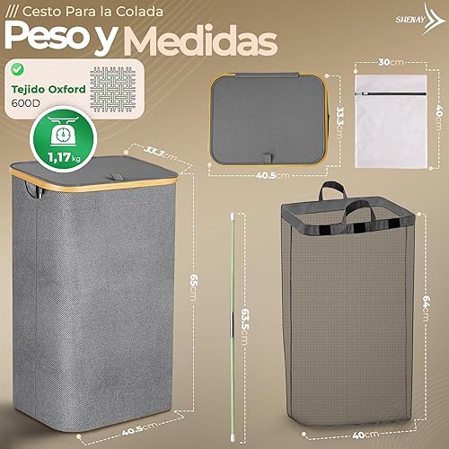 SHENAY Panier à linge avec couvercle 87 l, Oxford 600D imperméable, avec sac amovible + filet à linge 30 x 40 cm et guide avec 50 astuces de lavage | Panier à linge sale pliable, rangement de jouets - Nail Gallerys