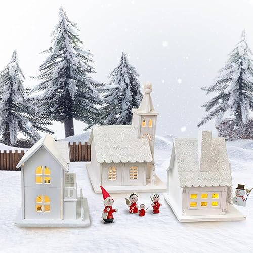 3 Pièces Village de Noel Lumineux en Bois, Maison Village de Noel Miniature LED, Maison de Neige Hiver Blanc, Deco Noel en Bois Lumineuse, Decoration de Noel Interieur à Pile, Décoration de Table Noël - Nail Gallerys