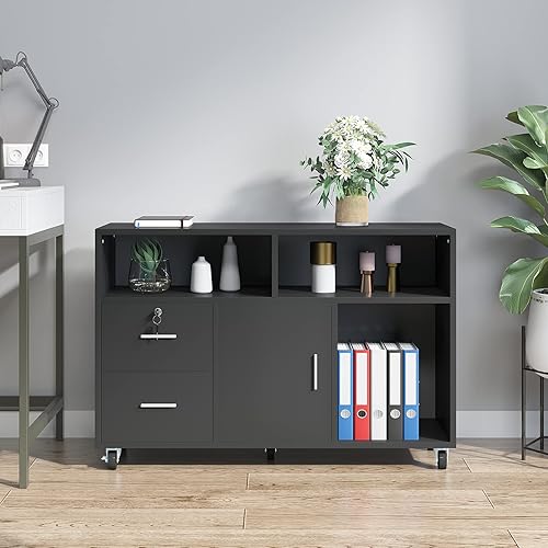 YITAHOME Classeur en Bois, classeur latéral Mobile à 2 tiroirs, Meuble de Rangement, Support d'imprimante avec Serrure et étagères de Rangement Ouvertes - Nail Gallerys
